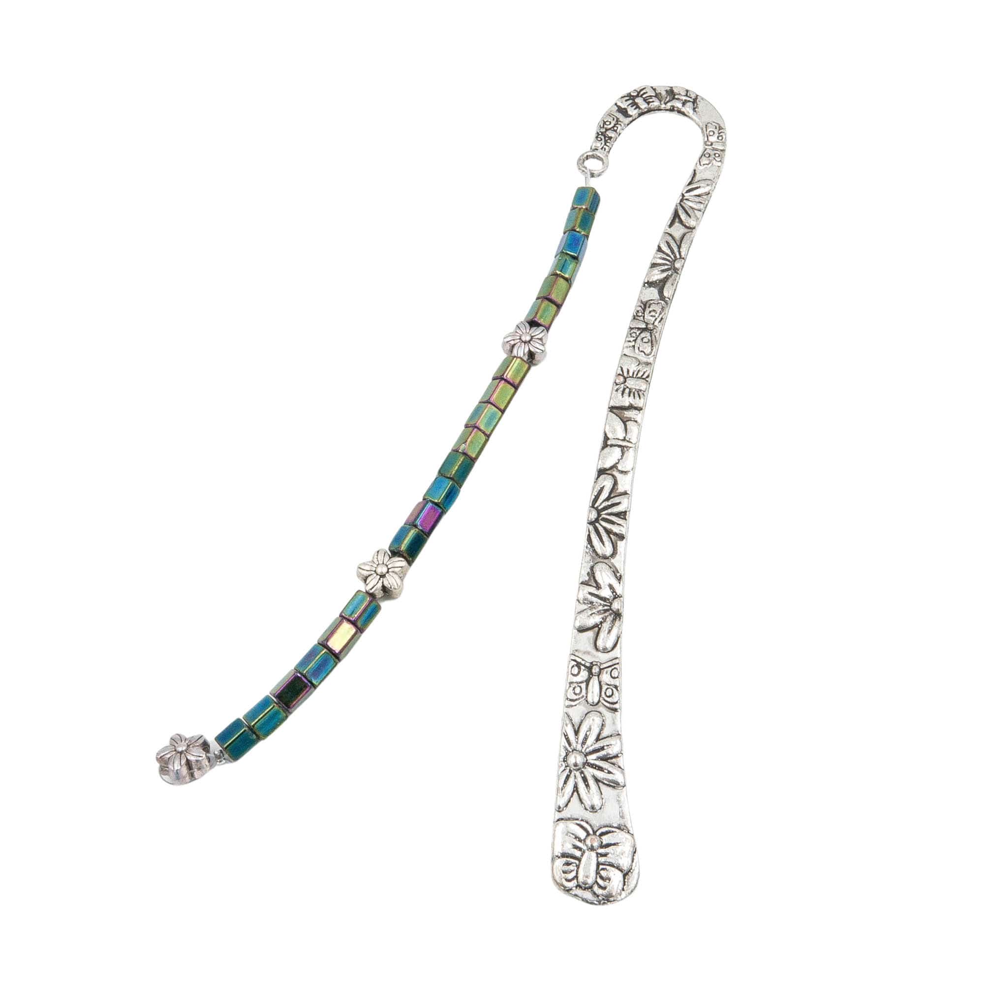 Bookmark - Iridescent Iris Green Czech Glass With Flowers