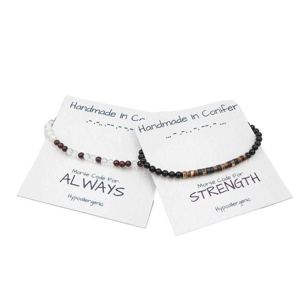 Taken Morse Code Bracelet In Snowflake Obsidian