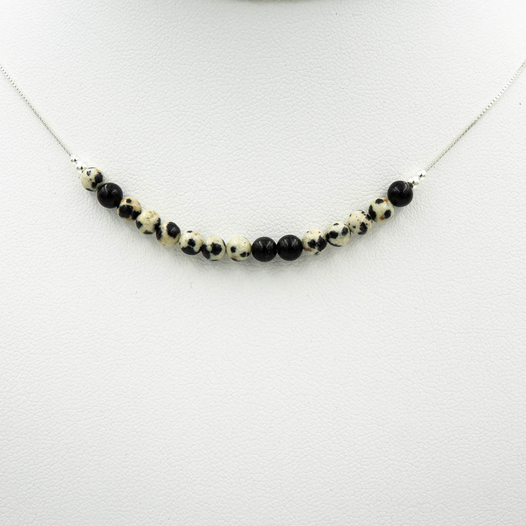 Ahimsa Morse Code Necklace In Dalmatian Stone & Onyx