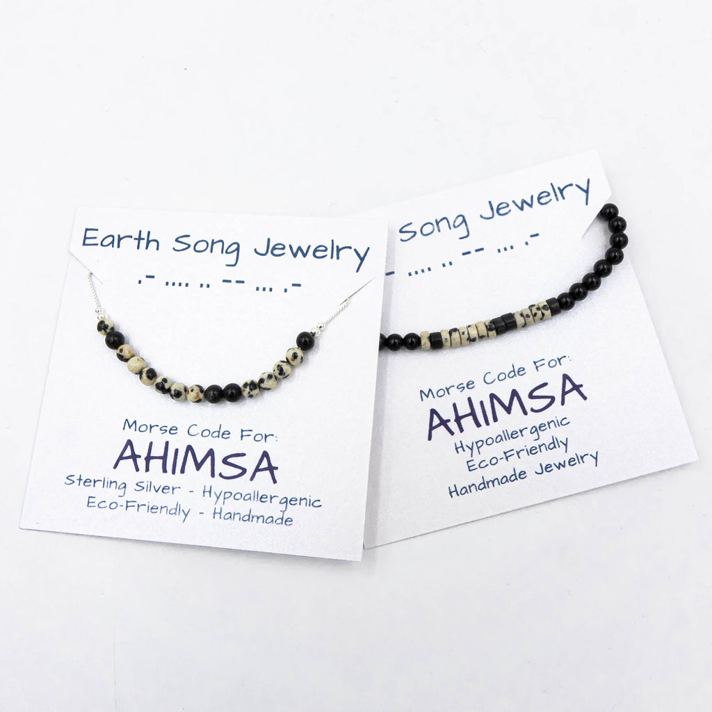 Ahimsa Morse Code Necklace In Dalmatian Stone & Onyx