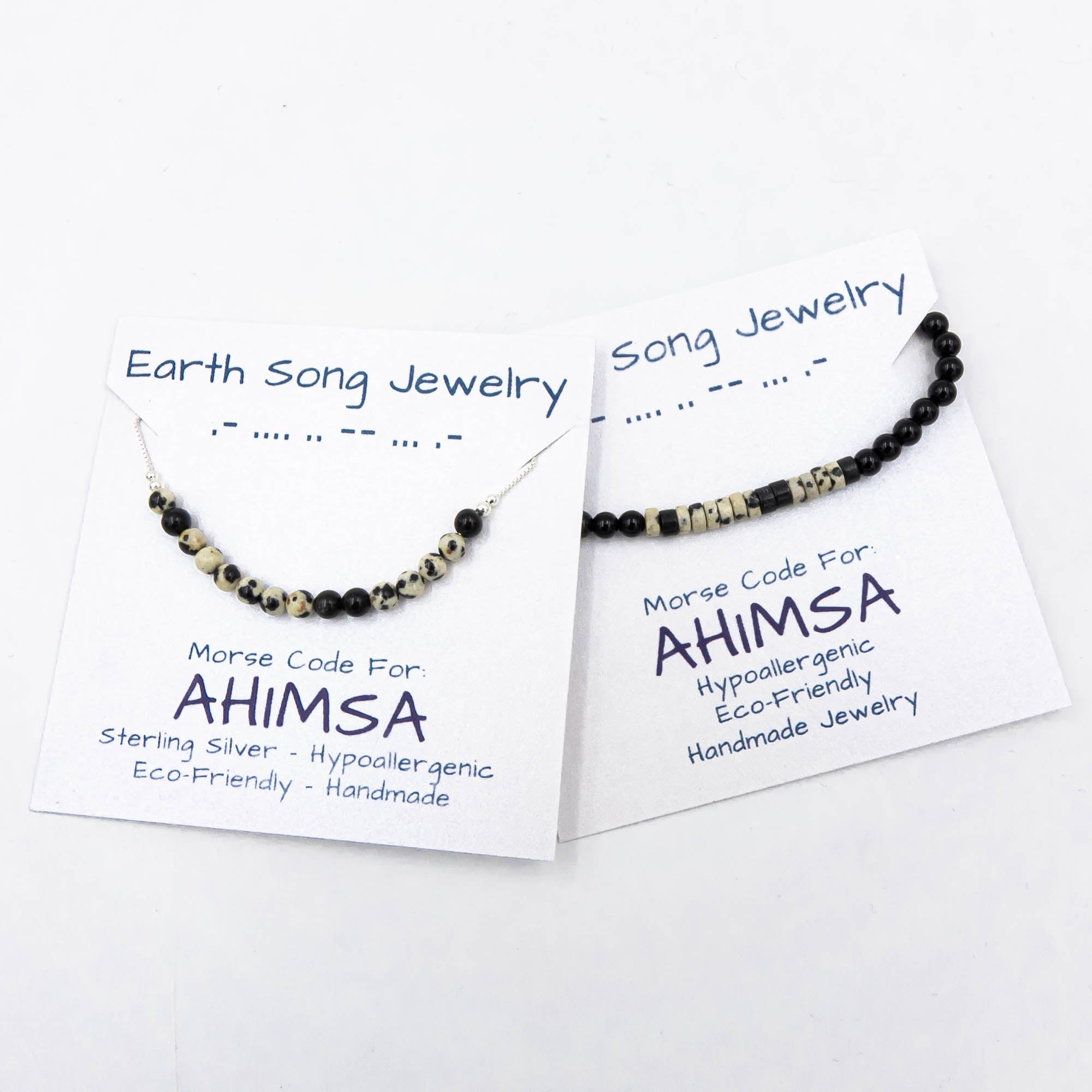 Ahimsa Morse Code Necklace In Dalmatian Stone & Onyx