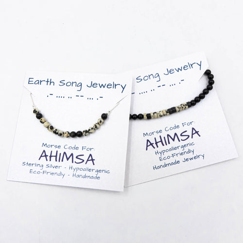 Ahimsa Morse Code Necklace In Dalmatian Stone & Onyx