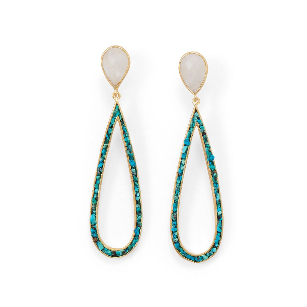 Gold Rainbow Moonstone & Turquoise Chip Dangling Post Earrings