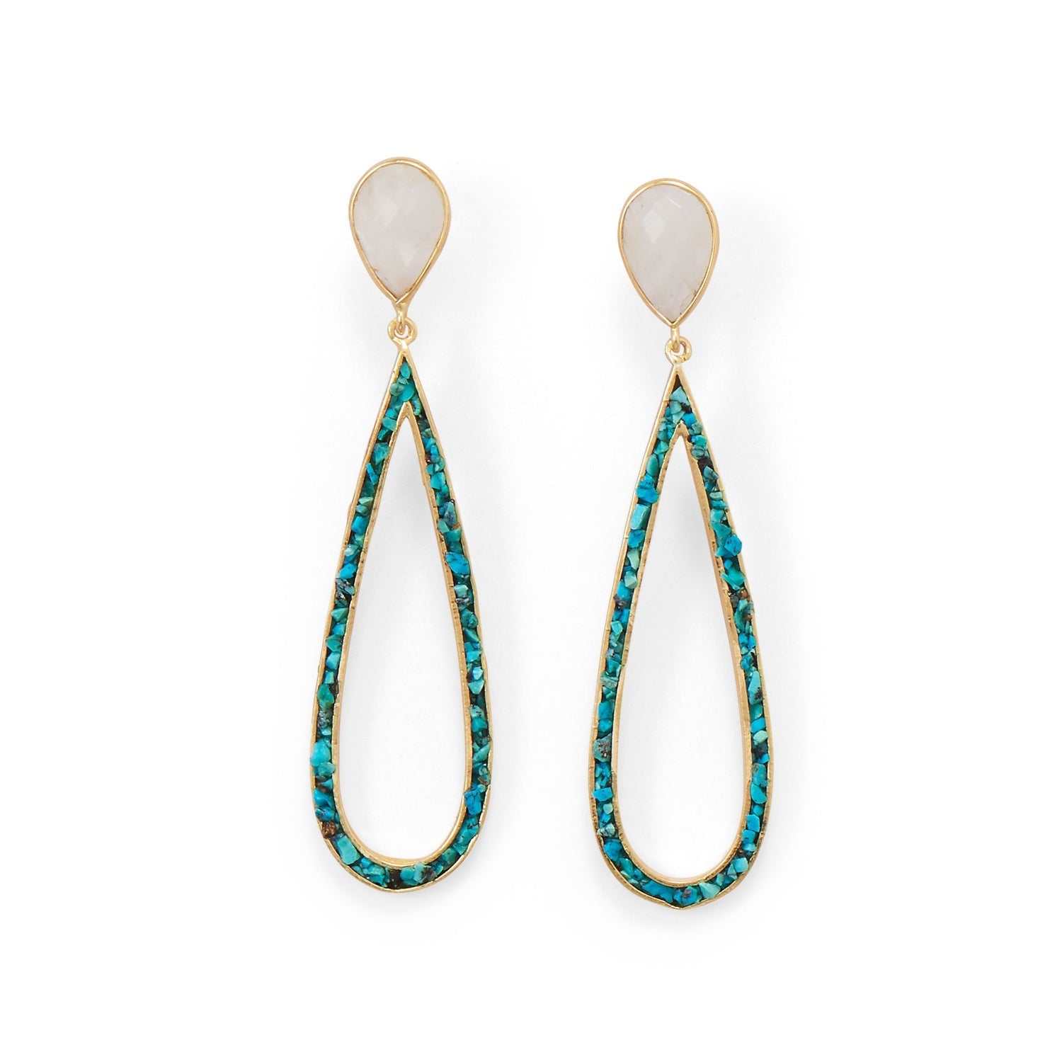 Gold Rainbow Moonstone & Turquoise Chip Dangling Post Earrings