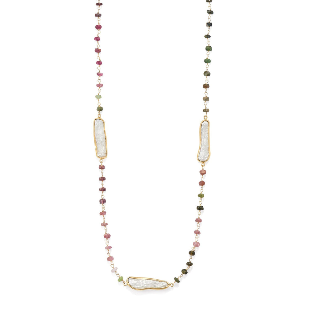 Long Colorful Tourmaline & Pearl Gold Necklace