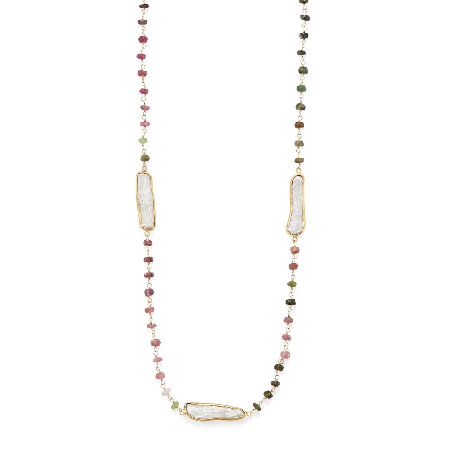 Long Colorful Tourmaline & Pearl Gold Necklace