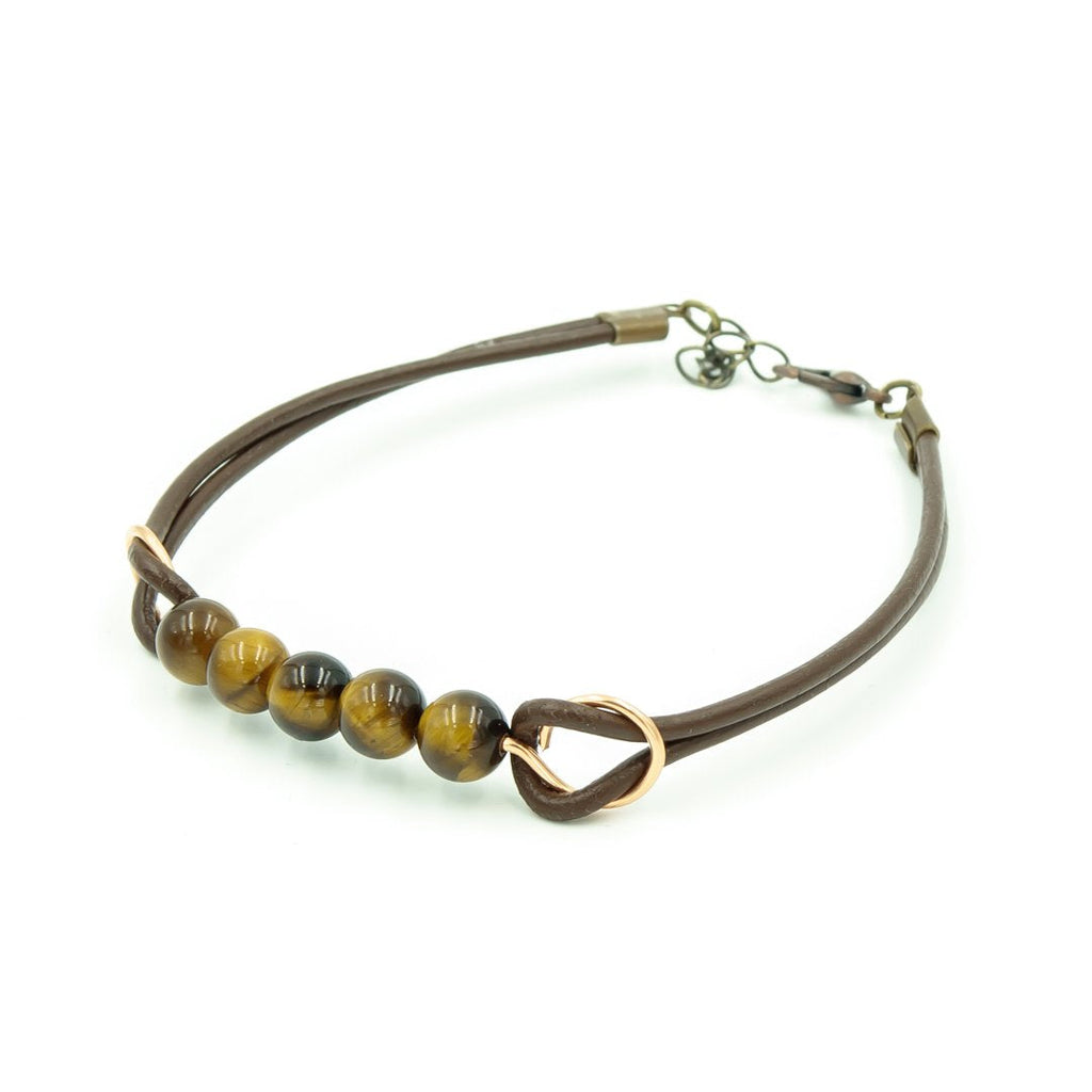 Tiger Eye Stone With Copper On Greek Leather