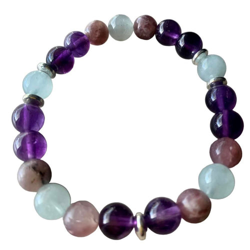 Anxiety Buster Bracelet 8 mm Amethyst, Aquamarine, Lepidolite Round Beads
