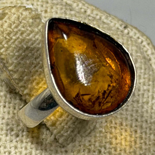 Amber Teardrop Ring - Sterling Silver - Size 6