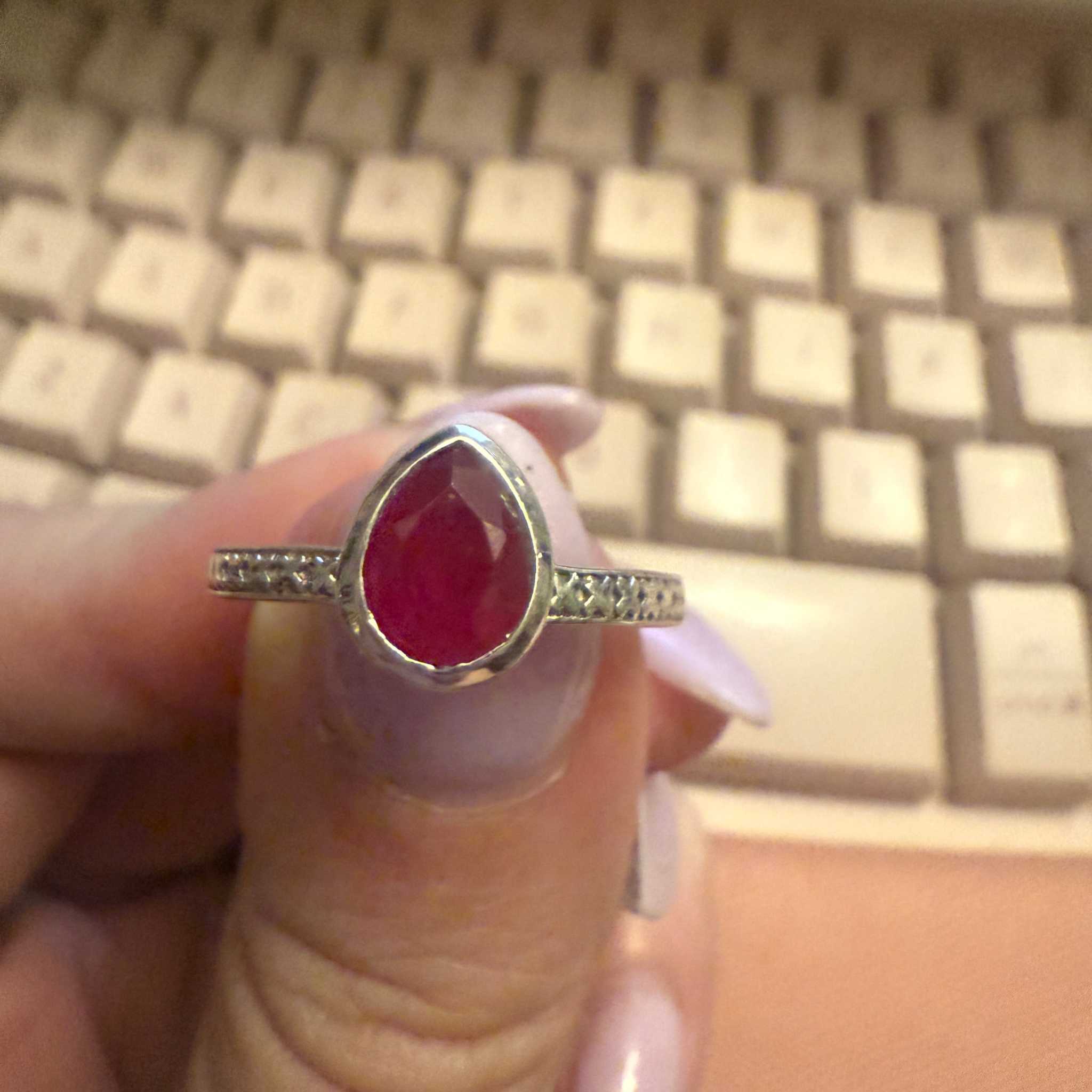 Ruby Teardrop Ring – Sterling Silver with Engraved Band