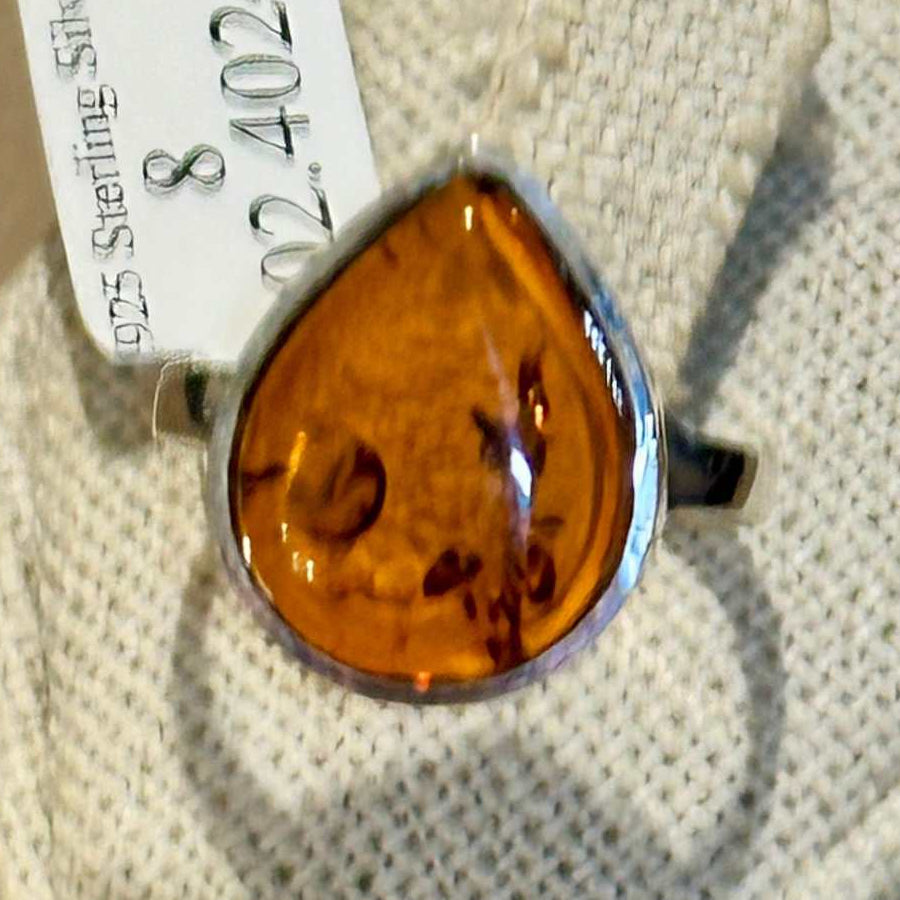 Natural Amber Teardrop Ring – Sterling Silver – Sizes 6, 7, 8, 9