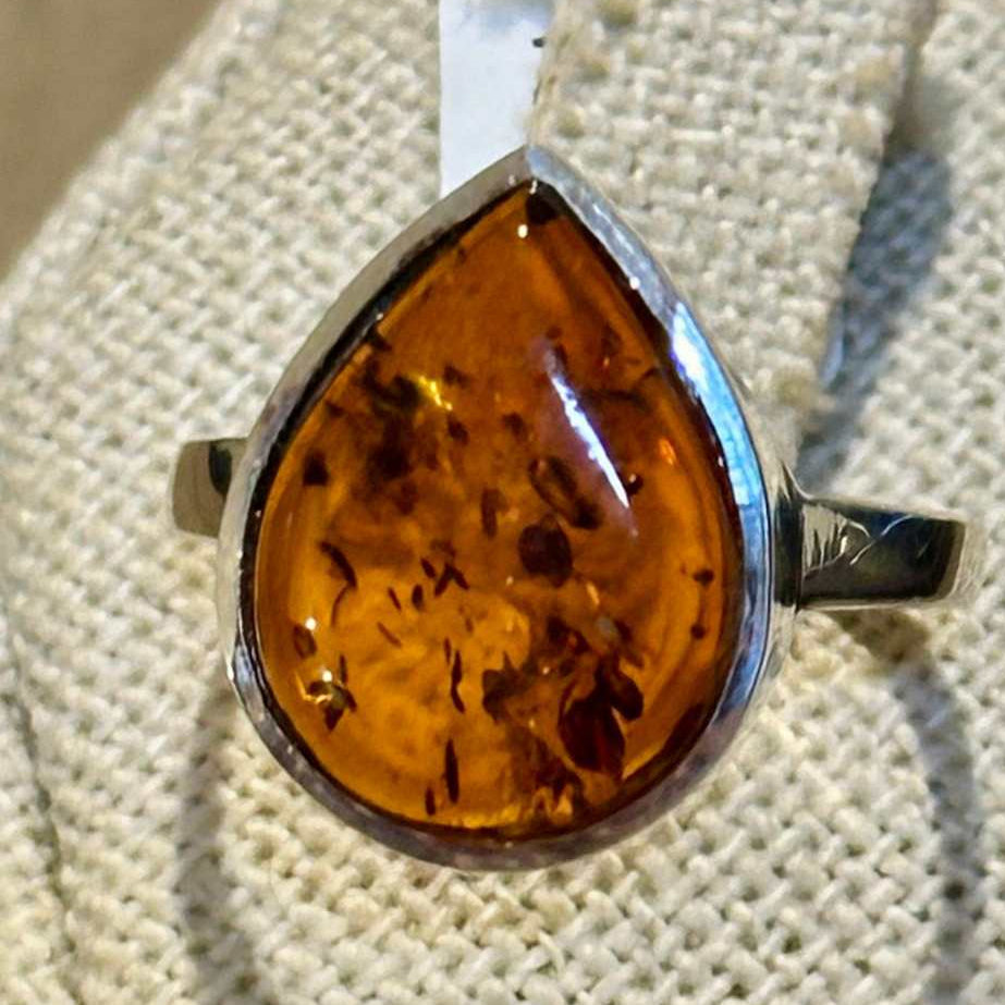 Natural Amber Teardrop Ring – Sterling Silver – Sizes 6, 7, 8, 9