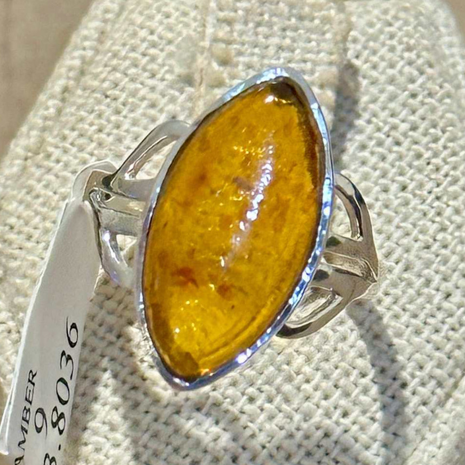 Natural Amber Marquise Filigree Ring – Sterling Silver – Sizes 6, 7, 8, 9