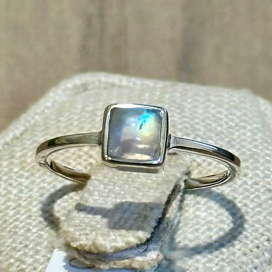 Rainbow Moonstone Square-Bezel Ring – Sterling Silver – Size 8 & 9