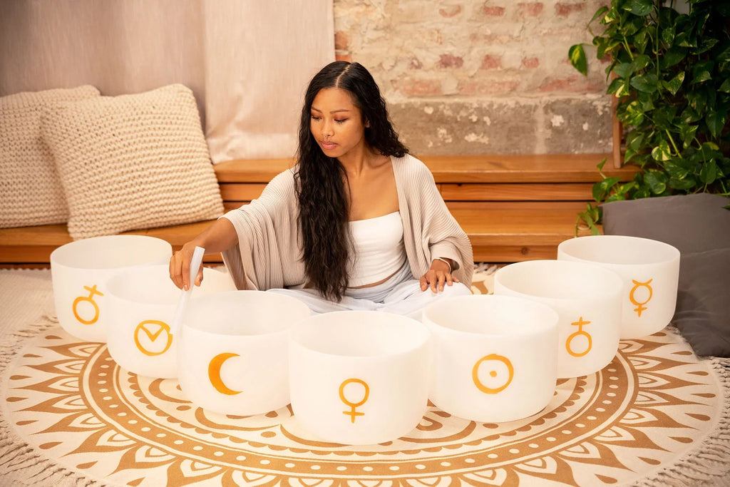 7-Piece Crystal Singing Bowl Chakra Set, Planetary Tuned