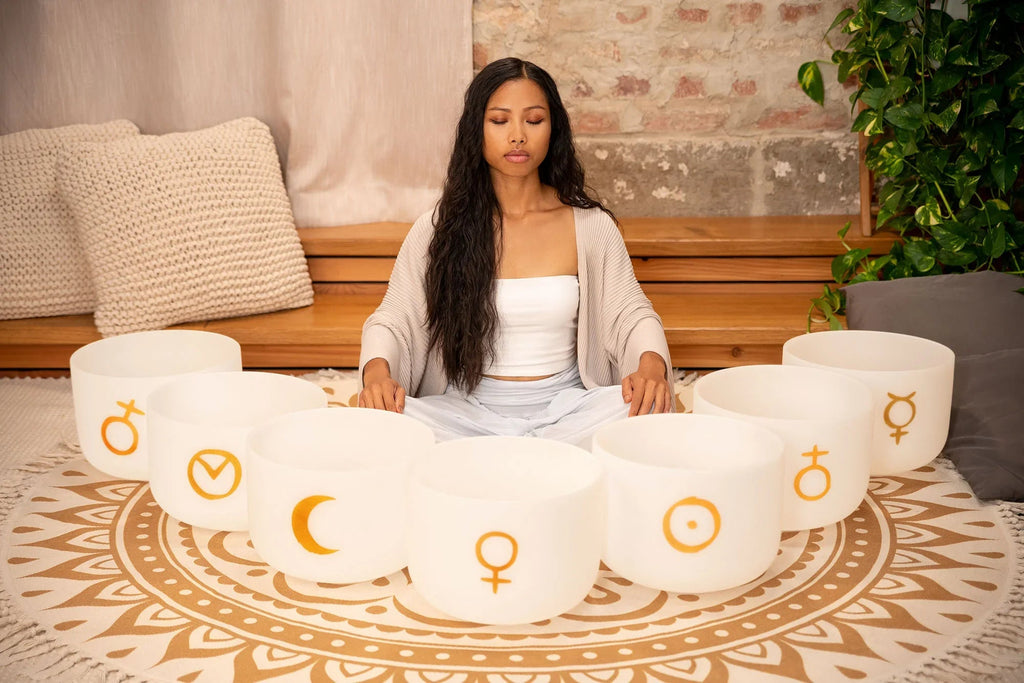 7-Piece Crystal Singing Bowl Chakra Set, Planetary Tuned