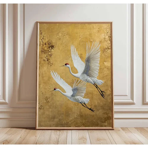 Japanese Elegant Flying Cranes in Gold Poster Flying Cranes in Gold