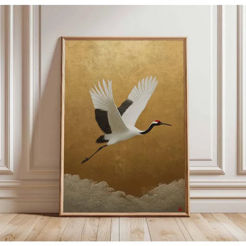 Japanese Elegant Flying Cranes in Gold Poster Flying Cranes in Gold