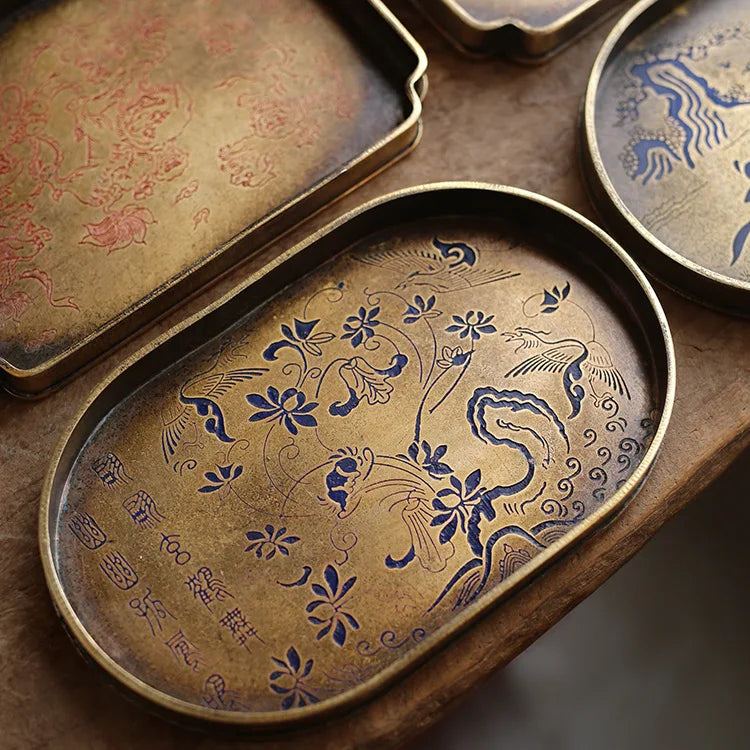Imitation Bronze Teapot Pad – Painted “Brass” Plate Tea Tray with Seal-Cutting Motif