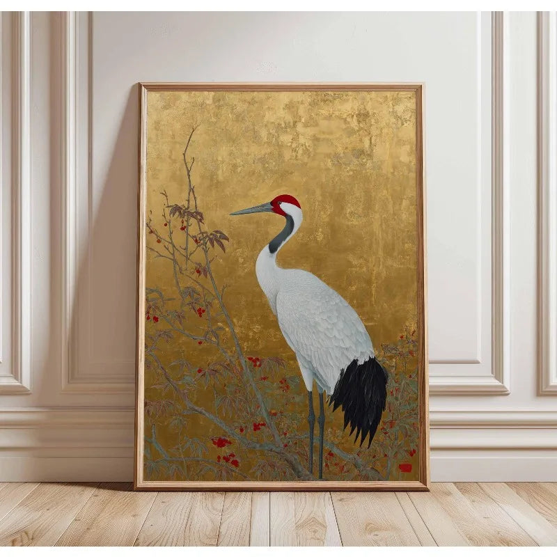 Japanese Elegant Crane Birds Nature Poster Flying Cranes in Gold and White Canvas Painting Asian Wall Art Living Room Home Decor