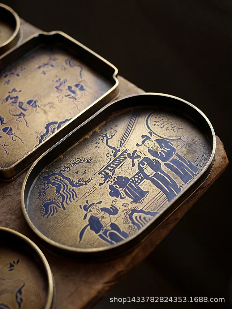 Imitation Bronze Teapot Pad – Painted “Brass” Plate Tea Tray with Seal-Cutting Motif
