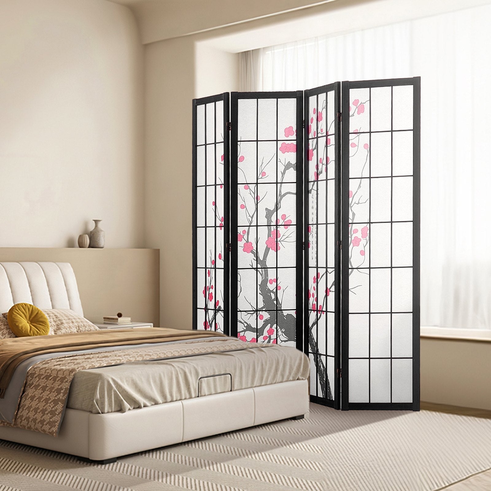 4 Panel Wood Japanese Room Divider Screen for Room Separation Home Office Restaurant & Bedroom