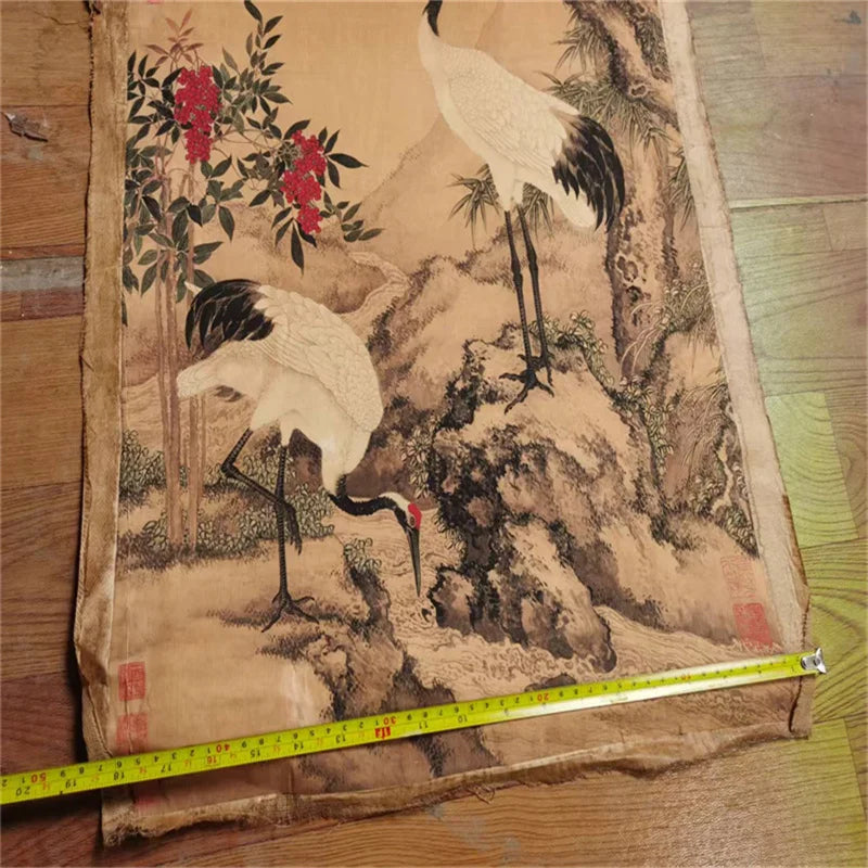 Chinese Rice Paper Scroll Wall Art with Double Crane Motif