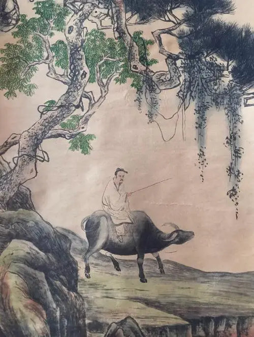 Antique Hand‑Painted Chinese Cattle Scroll – Long Landscape Axis