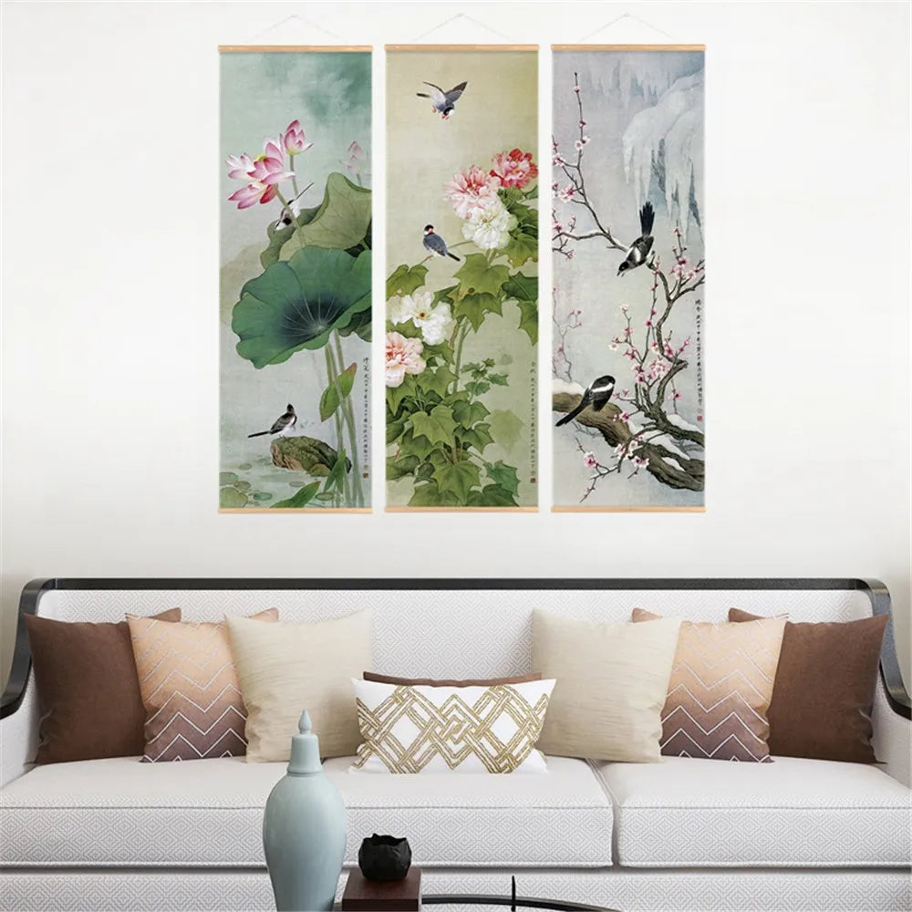 Retro Chinese Flower Birds Scroll Canvas Wall Art Poster Vintage Lotus Nature Landscape Scroll Painting for Bedroom Office Decor