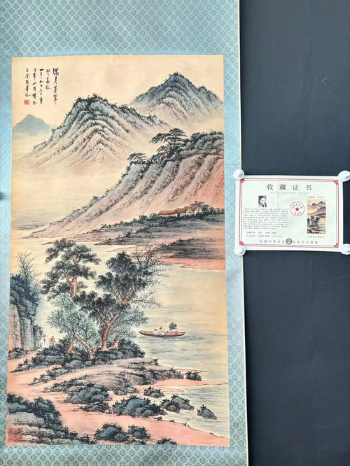 Antique Chinese Hand-Painted Pine Landscape Scroll with Certificate