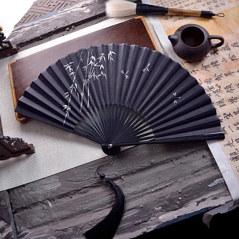 Chinese Silk Folding Fan, 7" Embroidered Bamboo, Unisex