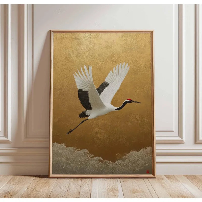 Japanese Elegant Crane Birds Nature Poster Flying Cranes in Gold and White Canvas Painting Asian Wall Art Living Room Home Decor
