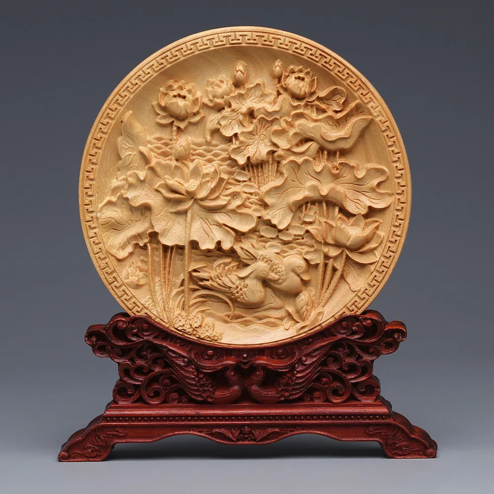 Wood Carving Dragon and Phoenix Round Carving Art Statue High Quality