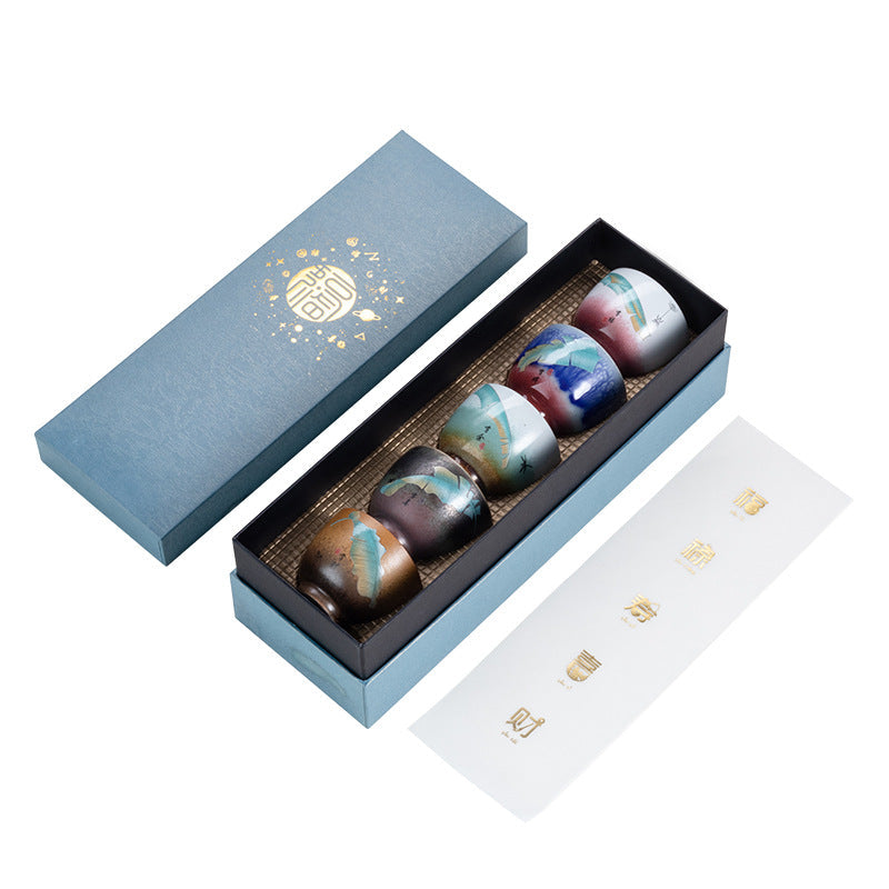 Chinese Kiln Ceramic Set of Five Cups in Gift Packaging