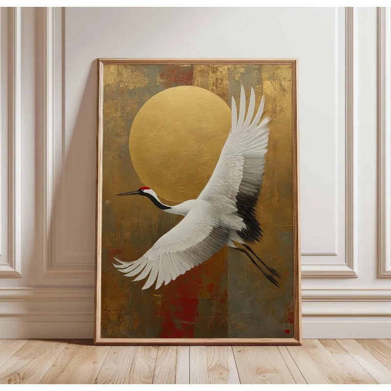 Japanese Elegant Crane Birds Nature Poster Flying Cranes in Gold and White Canvas Painting Asian Wall Art Living Room Home Decor
