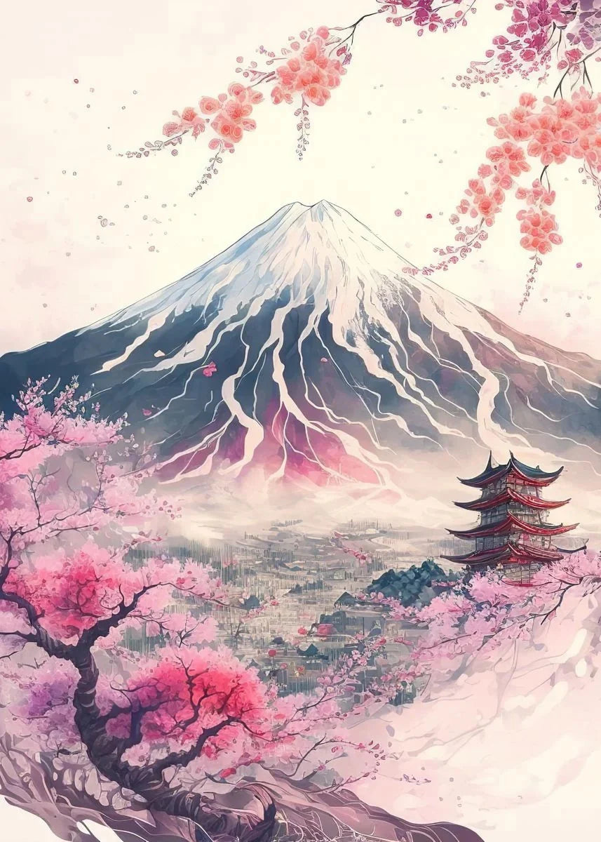 Japanese Cherry Blossom Fuji Mountain Sunset Tokyo Scenery Poster HD Printed Canvas Painting Wall Art Pictures Room Home Decor