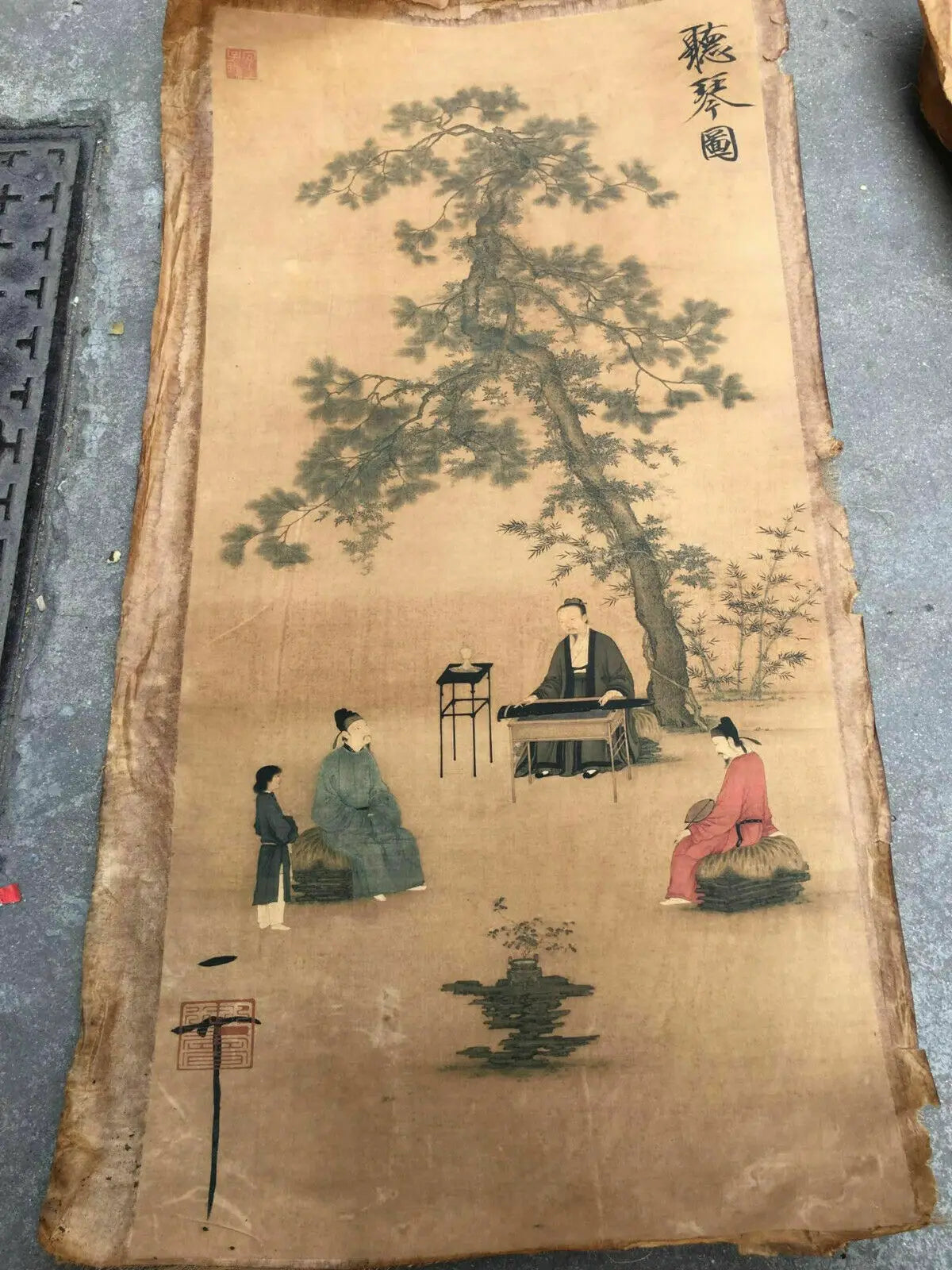 Vintage Chinese Scroll – “Listening to the Qin” Rice Paper Painting Slice