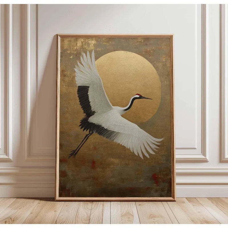 Japanese Elegant Crane Birds Nature Poster Flying Cranes in Gold and White Canvas Painting Asian Wall Art Living Room Home Decor