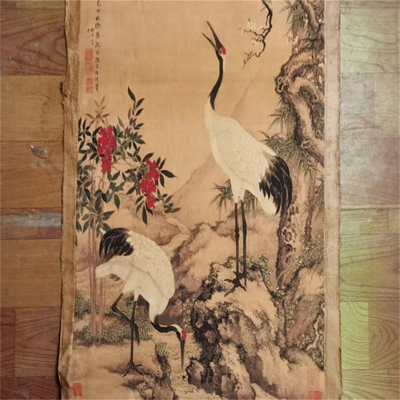 Chinese Rice Paper Scroll Wall Art with Double Crane Motif