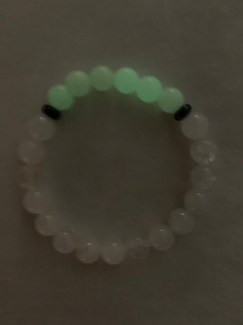 Aragonite Green/Yellow with Clear Quartz Bracelet 8 mm Round Beads - Naturally Glows in the Dark