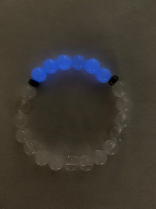Aragonite Blue with Clear Quartz Bracelet 8 mm Round Beads - Naturally Glows in the Dark